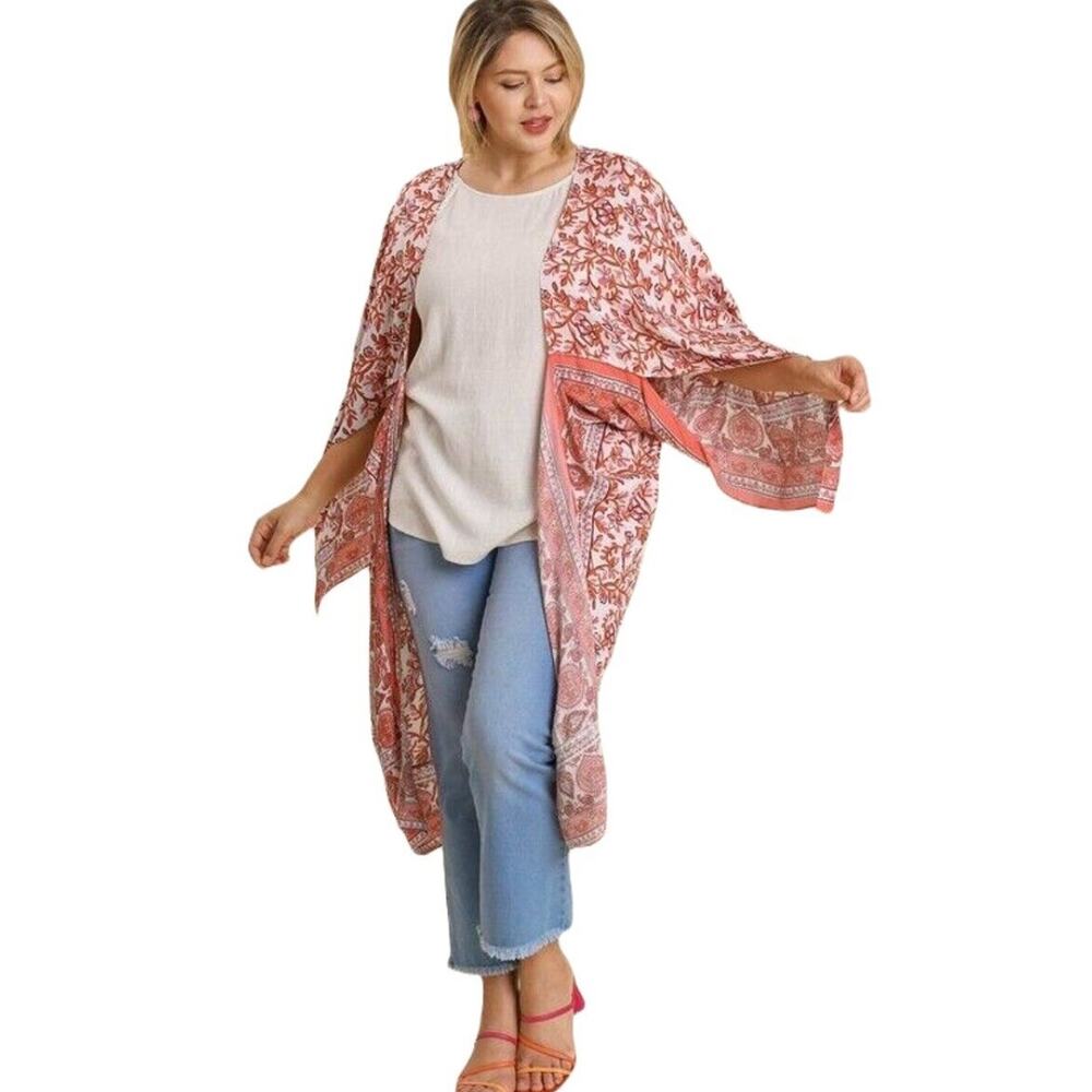 NWT Umgee Boho Floral Pink Open Front Duster Long Sleeve Kimono Women's XL/XXL‎